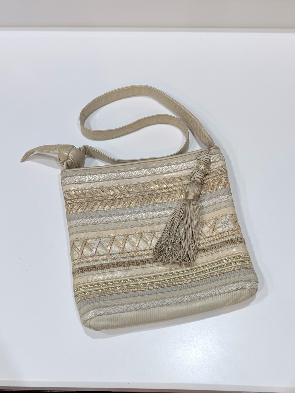 Vintage Sharif Metallic Woven Leather Crossbody Purse with Tassel